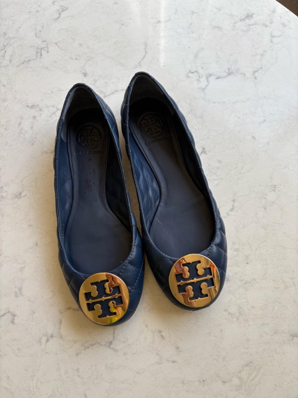 Tory Burch Navy Quilted Reva Ballet Flats with Gold Logo 6.5